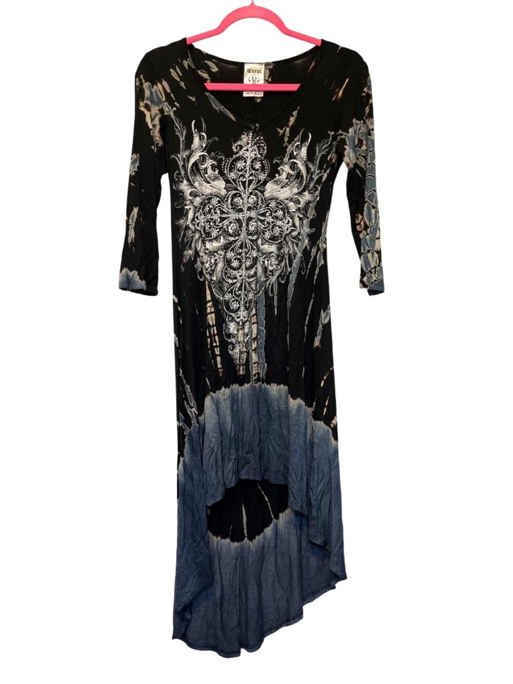 Vocal Crystal Black & Blue Tie Dye Hi-Lo Dress With Cross Design 3/4 Sleeves